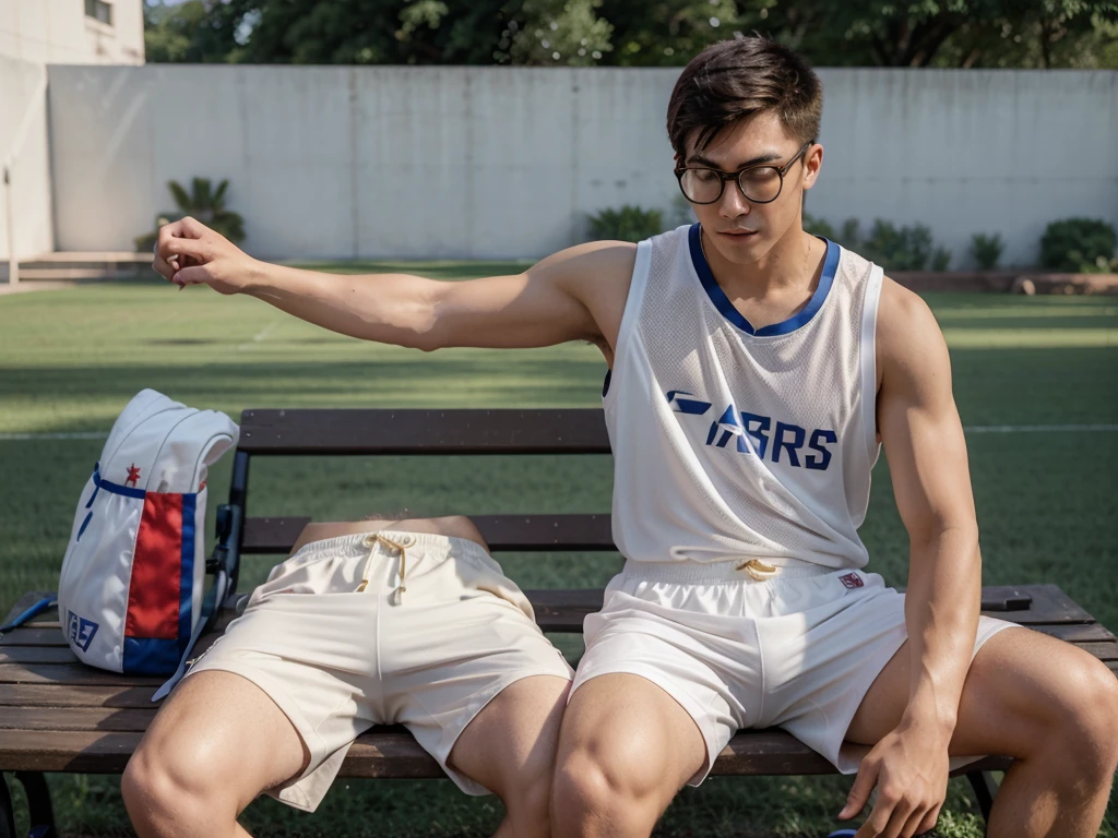 22-year-old male，film camera，真实感，photography of，whitestocking，Physical Education Student，Handsome，Chinese boy，Outdoor basketball court，Sit on a bench，White short sweatpants，Gold-rimmed glasses，Fashionab，youthfulenergy，muscle men，health charm，Sunny scent，Portrait photography，vogue photography，perfect  detail，Gorgeous light and shadow，Shooting from an elevation perspective，2k