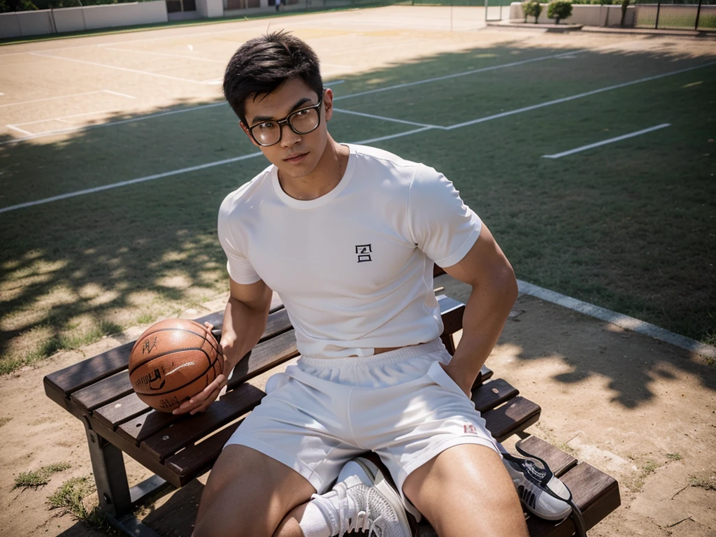 22-year-old male,film camera,真实感,photography of,whitestocking,Physical Education Student,Handsome,Chinese boy,Outdoor basketball court,Sit on a bench,White short sweatpants,Gold-rimmed glasses,Fashionab,youthfulenergy,muscle men,health charm,Sunny scent,Portrait photography,vogue photography,perfect detail,Gorgeous light and shadow,Shooting from an elevation perspective,2k
