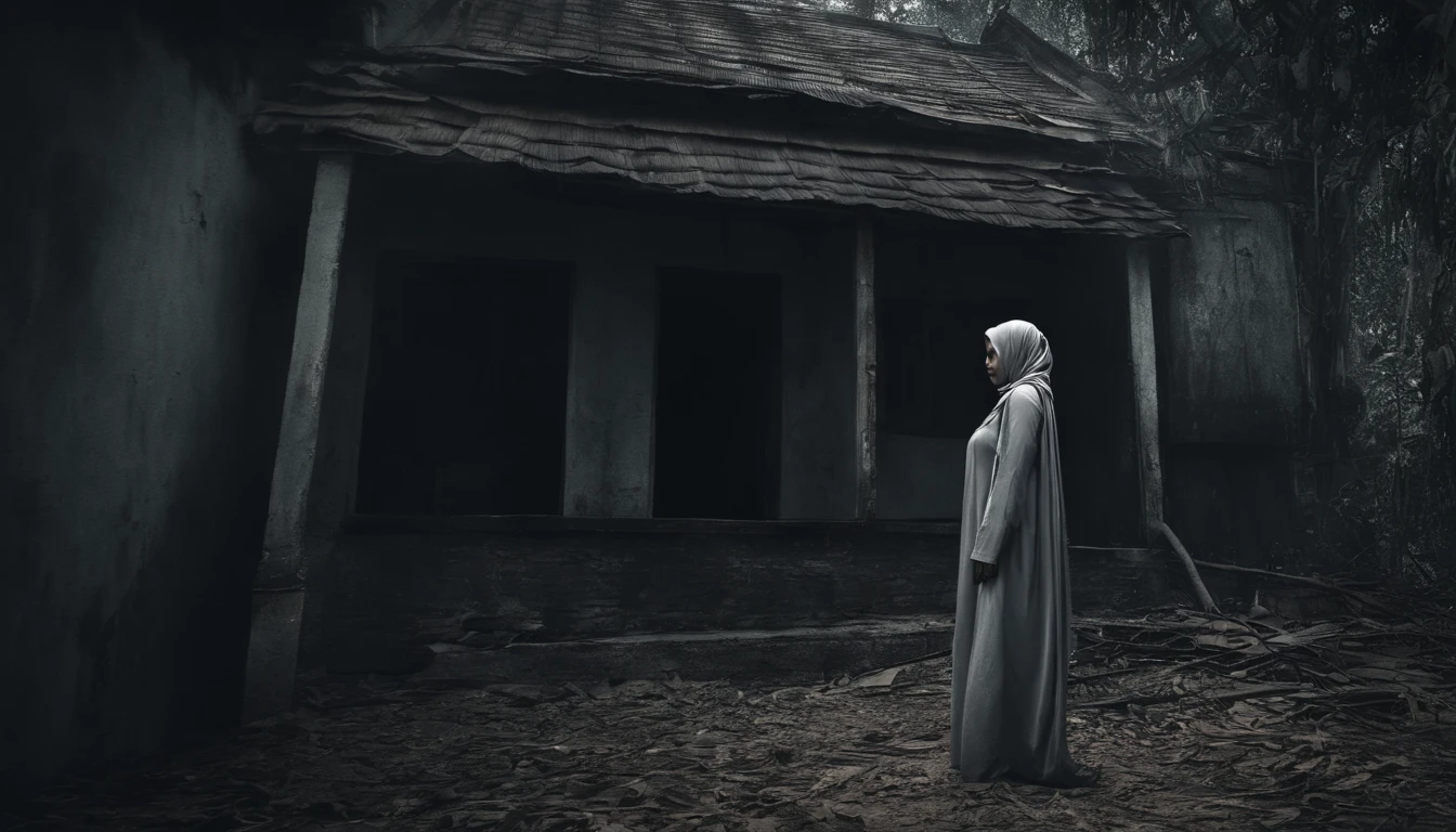 Compose a cinematic photo of a Malay girl in hijab cautiously entering an old, dilapidated house. Use low-angle shots and dim, cold lighting to create an eerie atmosphere. Enhance the horror mood with subtle shadows and a desaturated color palette