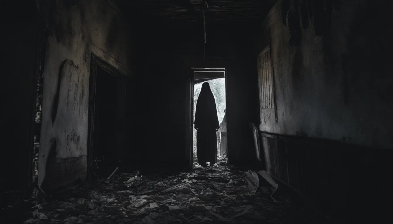 Compose a cinematic photo of a Malay girl in hijab cautiously entering an old, dilapidated house. Use low-angle shots and dim, cold lighting to create an eerie atmosphere. Enhance the horror mood with subtle shadows and a desaturated color palette