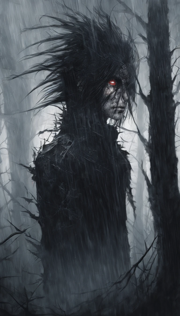 misty raining cloudy(Masterpiece), (Best Quality), (Super Detail), (disheveled Hair), (Illustration), (1 Man), (Interview), (Brief Background), Beautiful Detailed White Eyes, spiked hair, (High Saturation), (Shine), Focus on Face, Black Hair, Bangs, Full Smile, Floating Hair. phonk boy, pixiv illustration, top quality, super detailed, mad, clever, black face, 4K, nature, sunlight through trees, Raizhell