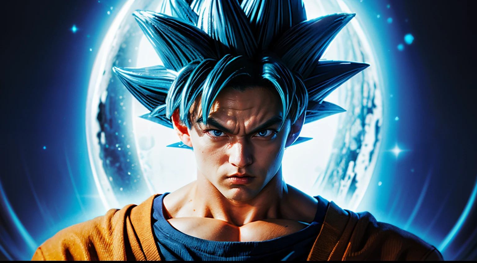 best quality, masterpiece, (realistic:1.2), son_goku, super_saiyan_blue, blue_hair, blue_eyes, blue_aura, portrait,