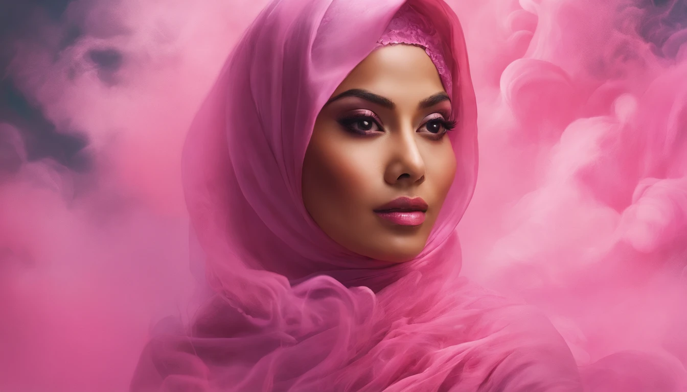 portrait of a malay woman in hijab covered in cloud of smoke, whirlwind, pink highlight colors, pink make-up, hints of pastel, misty, seductive, sultry, breathtaking, oil painting style, artistic, aesthetic modern art, shining bright pink backdrop