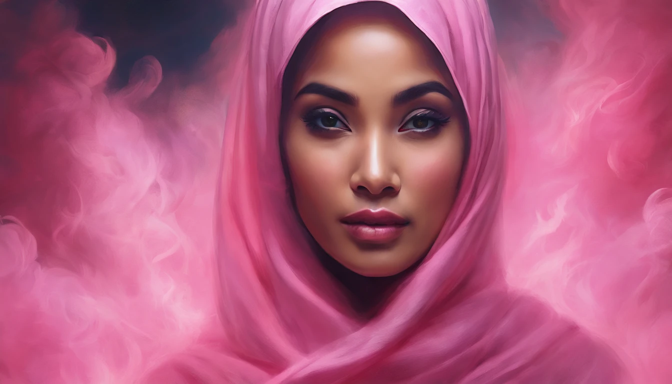 portrait of a malay woman in hijab covered in cloud of smoke, whirlwind, pink highlight colors, pink make-up, hints of pastel, misty, seductive, sultry, breathtaking, oil painting style, artistic, aesthetic modern art, shining bright pink backdrop