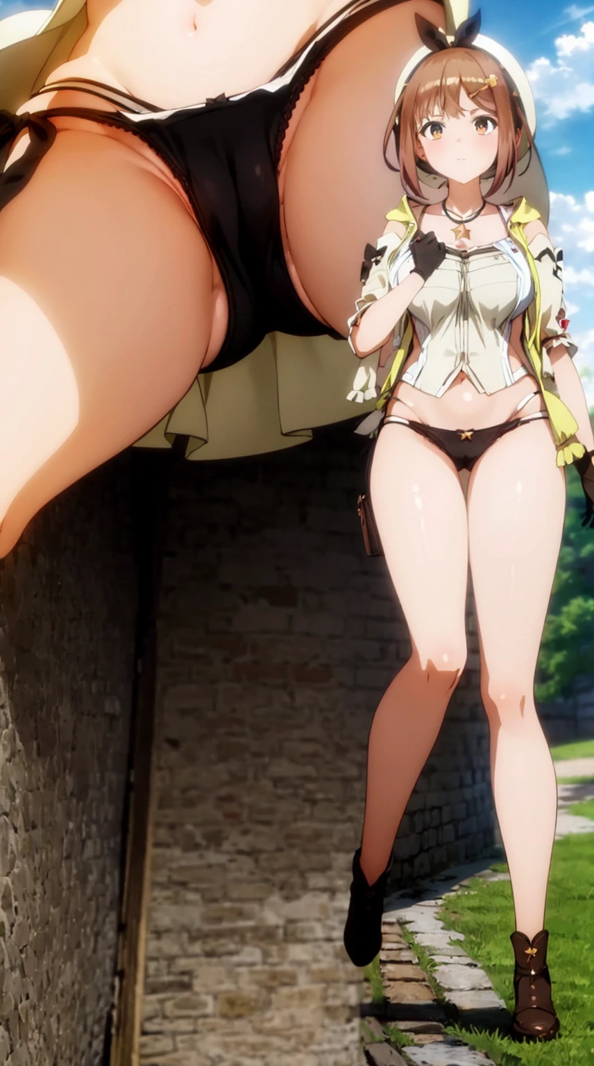 (mtu virus, from below, multiple views), (full body) (),, (((( panties)))), (nsfw), (),,,{{{masterpiece}}}, {{{best quality}}}, {{ultra-detailed}}, {{an extremely delicate and beautiful}},{{beautiful detailed girl}},beautiful detailed glow, , blush, ,day, cloud, forest, soft lighting, 1girl, solo, girl,breasts, short hair, brown hair, hair ornament, hat, brown eyes, , collarbone, hairclip, necklace, , white headwear, star necklace, gloves, brown gloves, single glove