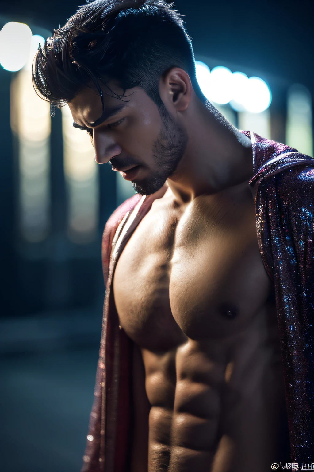 (8K, RAW photo, Highest quality), Realistic, 1 asian man, frontage, Intricate details, Closed mouth, Extremely detailed eyes and eyelashes，Muscular male, Manly,l ooks away, Male focus, Solo, Open the transparent robe，Exposing the pectoral muscles，Exposing abs, full bodyesbian, Night sky, Soft lighting, Cinematic lighting, Portrait, Close-up, Lovingly