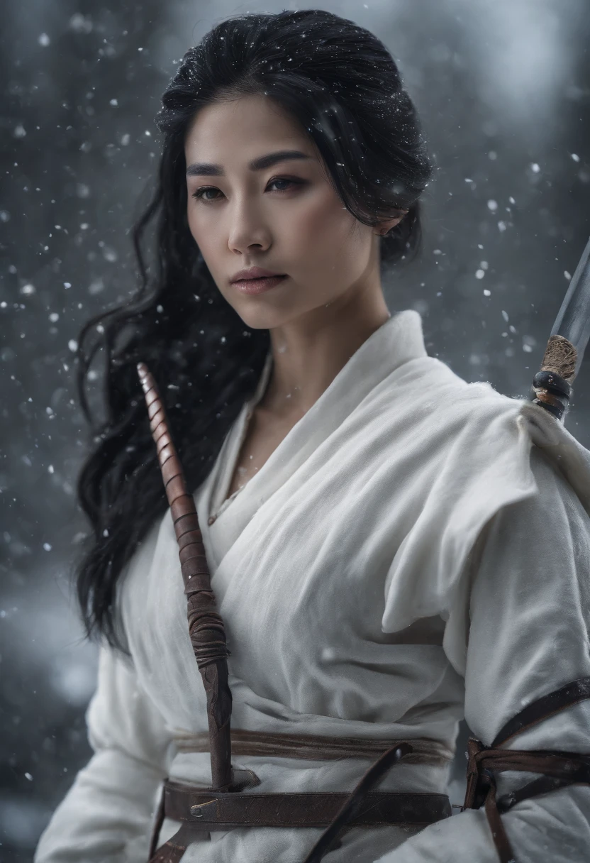 a girl,asian,gray-black hair, ((All white ninja outfit)),(hanging sword behind ),Whole body, ((Beautiful face)),snowfall, Clear Face, Clean white background,Mostly cloudy ,master-piece, super detail, Epic composition, ultra hd, High Quality, Very detailed, official art, 8K uniform wallpaper, super detail, 32,000 - in 6