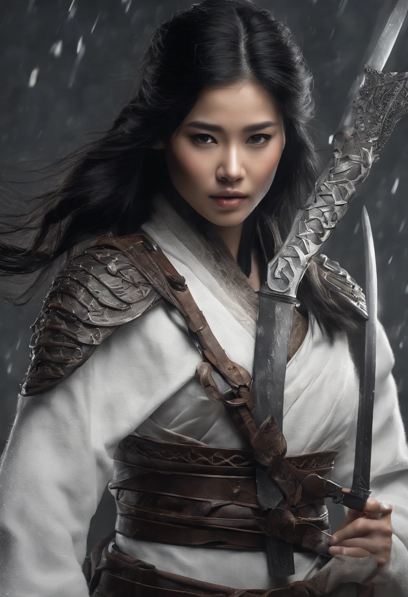 a girl,asian,gray-black hair, ((All white ninja outfit)),(hanging sword behind ),Whole body, ((Beautiful face)),snowfall, Clear Face, Clean white background,Mostly cloudy ,master-piece, super detail, Epic composition, ultra hd, High Quality, Very detailed, official art, 8K uniform wallpaper, super detail, 32,000 - in 6