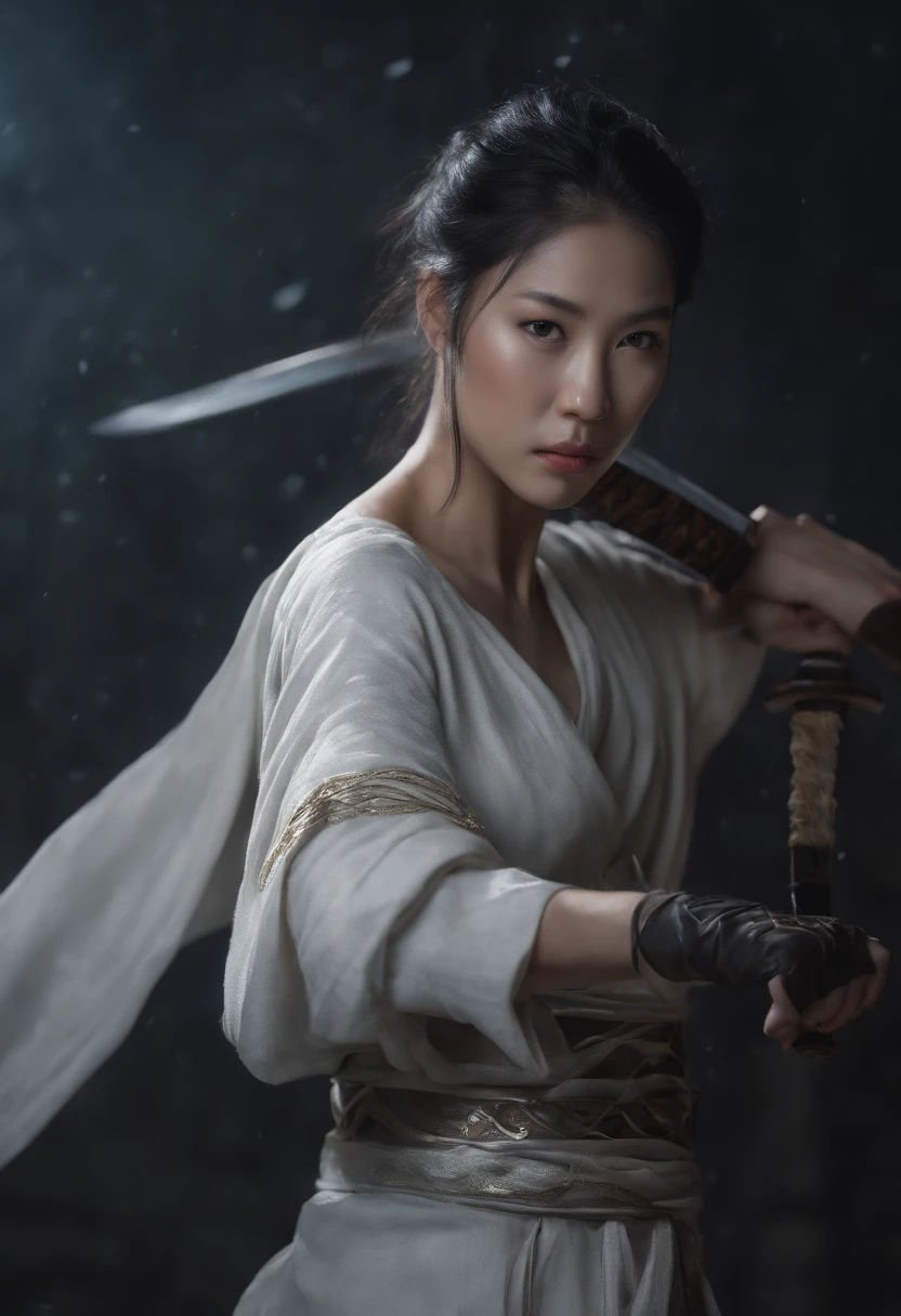 a girl,asian,gray-black hair, ((All white ninja outfit)),(hanging sword behind ),Whole body, ((Beautiful face)),snowfall, Clear Face, Clean white background,Mostly cloudy ,master-piece, super detail, Epic composition, ultra hd, High Quality, Very detailed, official art, 8K uniform wallpaper, super detail, 32,000 - in 6
