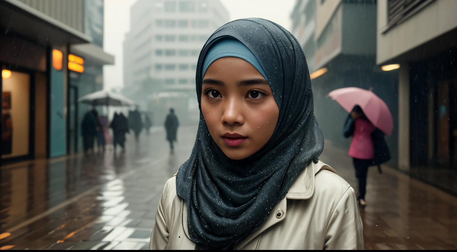 A malay girl in hijab in the middle of a blurred crowd, NYC, bustling city street, in a style of a movie still, by Wes Anderson, fog --ar 21:9 --style raw --q 2 --seed 4170935616girl in the middle of a blurred crowd, NYC, bustling city street, in a style of a movie still, by Wes Anderson, fog --ar 21:9 --style raw --q 2 --seed 4170935616