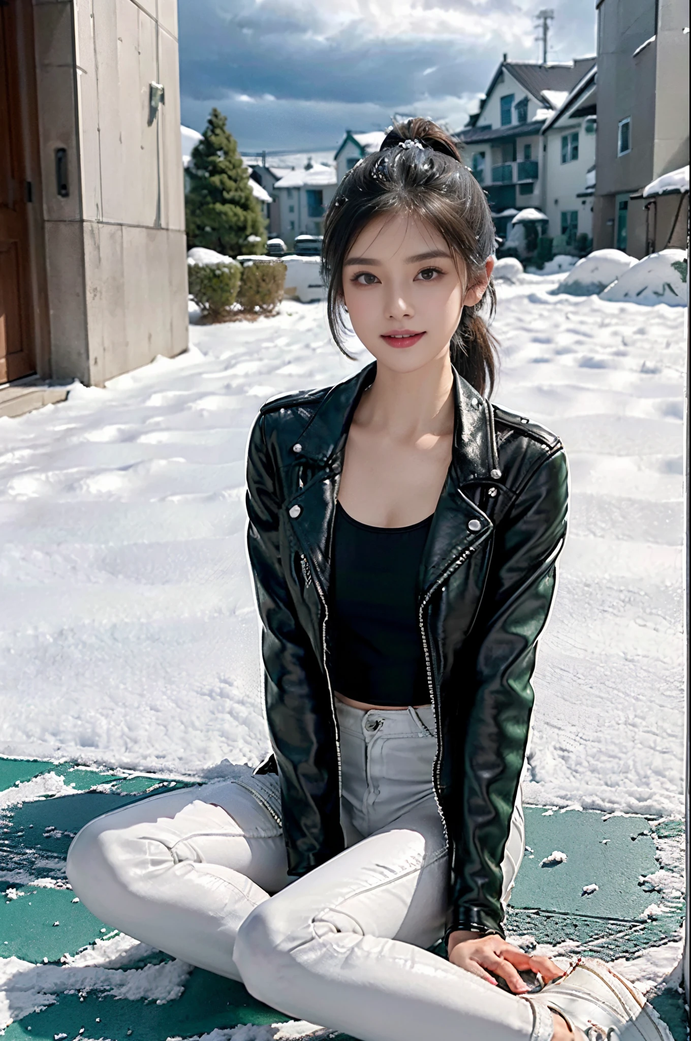 (shoulder-length straight black bob hair:1),((((8k))),((Extremely meticulous CG)) ,(wallpaper),16k,((Extremely refined and beautiful))，(((Masterpiece))),(((best qualtiy))),(((Ultra High Resolution))),beautiful light up，Perfect lightning，realistic shaded，[A high resolution],(Smooth and flawless fair skin:1.5),Extremely exquisite facial details,(perfect body：1.1),ultra - detailed,A beautiful girl,small head,((very short ponytail)),small face,Exquisite makeup,(Small breasts:1.1),Flat chests，slim，thin,happy Smile,(Black leather jacket:1.3),(underneath the jacket is white tank top:1.2), (white pants:1.1),slender legs,(white sneakers:1.3),(cloudy:1.5),morning,(Falling and sitting on the ground:1.3),(In a residential area:1.2),(outside the dark green entrance door of residential building:1.1),from front,winter,snowscape,snowing,rime,haze,((outdoor)),((full body))