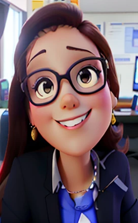 A woman businesswoman, com pele clara, olhos castanhos e cabelos pretos, Trabalhando em um computador, Set against the backdrop of a marketing office, estilo Disney Pixar, alta qualidade