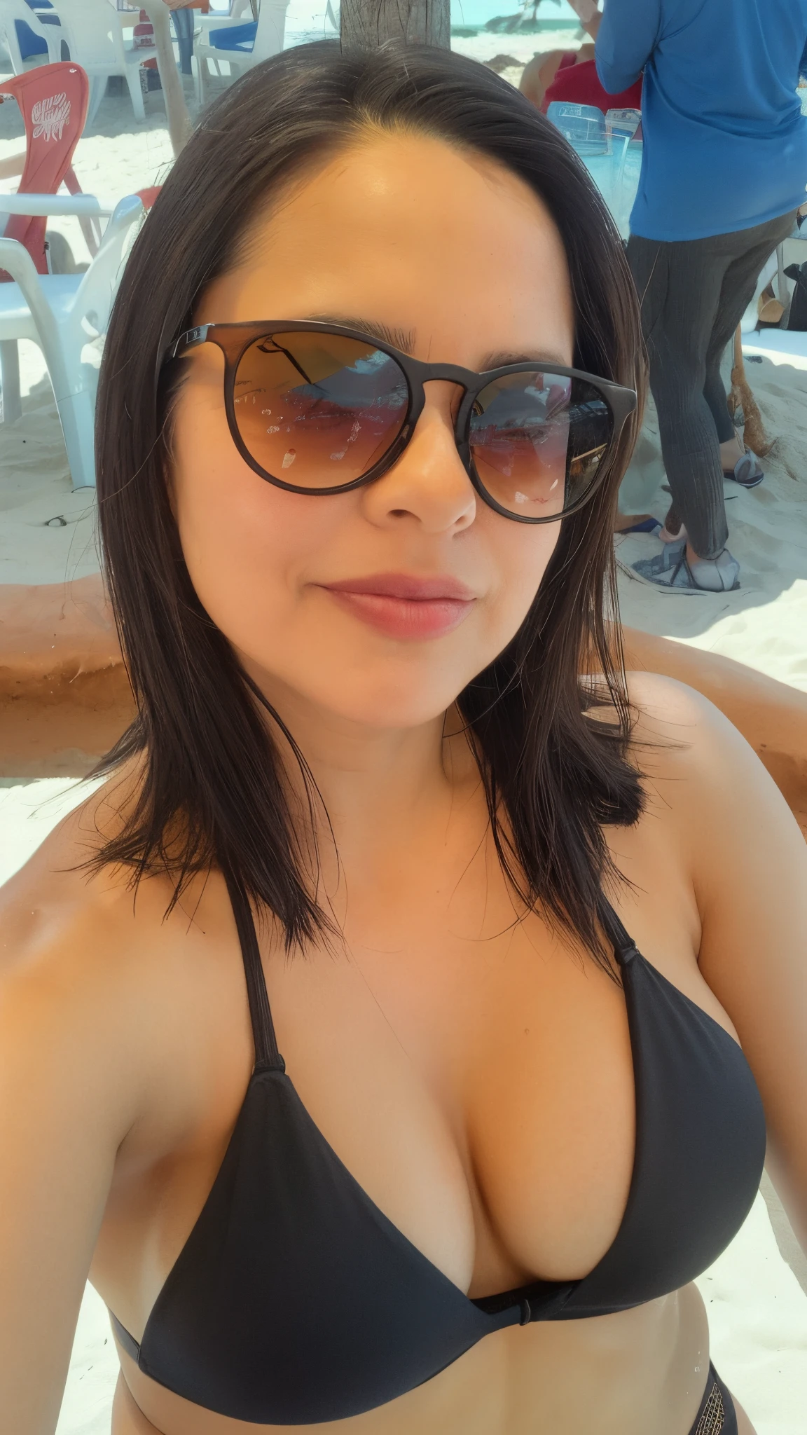 perky woman in a black bikini and sunglasses on a beach, Mulher de 30 anos, 3 0 anos de idade mulher, na praia, 3 2 anos, na praia, em uma praia, 2 8 anos, 3 6 anos, 2 7 anos, 38 anos, 2 9 anos, vacation photo