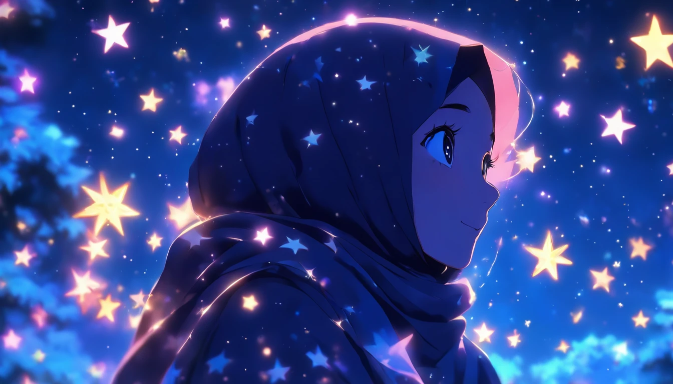 Craft a magical photo of a Malay girl in hijab under a starlit night sky, surrounded by shimmering constellations. Use long-exposure techniques to capture the movement of stars. Apply a cool, cosmic color scheme for a dreamlike effect