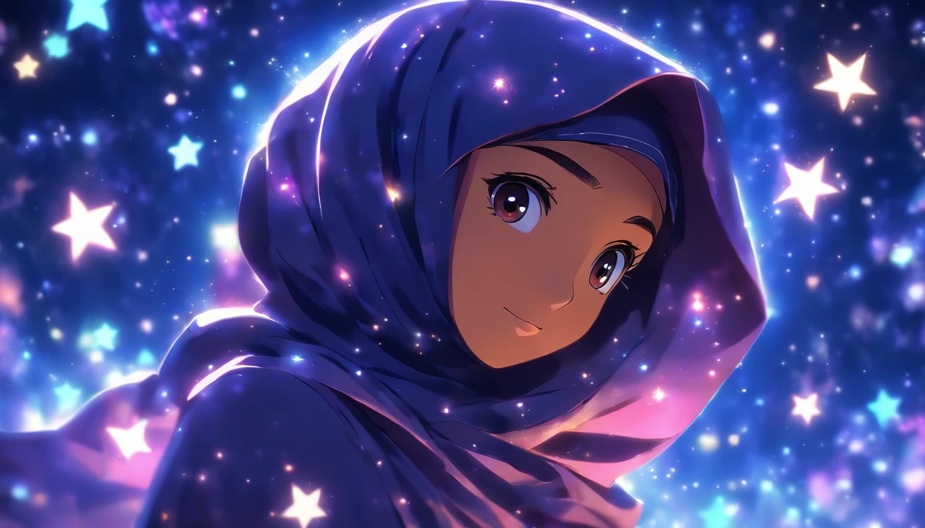 Craft a magical photo of a Malay girl in hijab under a starlit night sky, surrounded by shimmering constellations. Use long-exposure techniques to capture the movement of stars. Apply a cool, cosmic color scheme for a dreamlike effect
