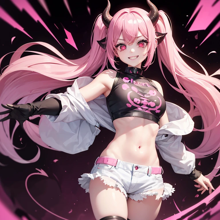 (1girl) A demon with whitish pink skin, curled pink horns, wide psychotic eyes, pink irises, pupils shaped as hearts, pink hair in long pigtails, wearing a crop top and short-shorts, insane smile