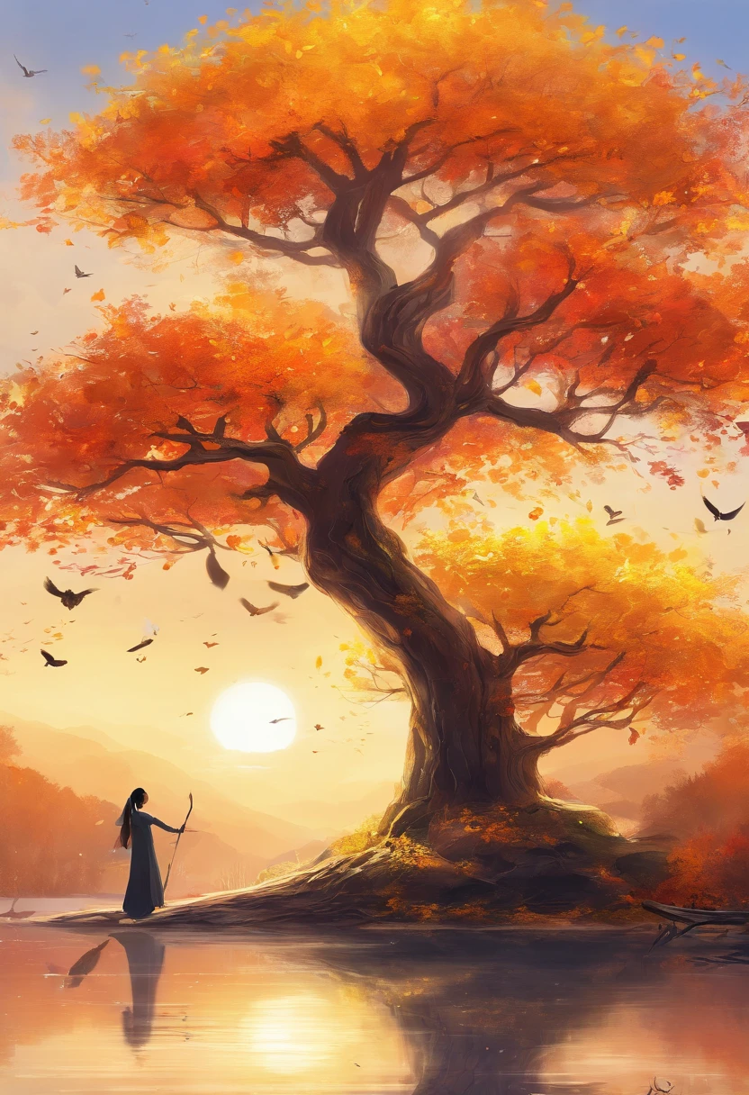 Imagine Prompt: color photograph:
A sea of golden autumn leaves,Describing the world in shades of orange and yellow Trees々burns brightly,The leaves dance like flames shining in the sunlight, and the ginkgo tree is wrapped in gold.,A kaleidoscope of fallen leaves where each leaf shines like a jewel,intertwined in red、Yellow and brown tapestry, quiet lakeside, The murmur of water reflects the color of the sky, and the mountains shrouded in fog in the distance々,Like a mysterious ink painting, golden reeds by the water.,Stars shining in the night sky enhance the sparkle of the lake,A breeze like a delicate pearl of nature,Add the essence of autumn,The warmth of a campfire hints at the cool weather to come.,The poetic beauty of late autumn accompanied by the pleasant chorus of insects,Attractive and moving photos that capture the charm of nature,evoke inner peace and tranquility