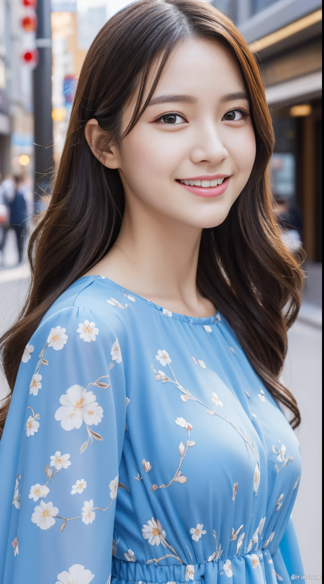 Walk the streets of the city,One lady、 Bandeau Dress, Wearing long gorgeous clothes, She is wearing a sky blue floral long dress., shopping, In the city, highly detailed beautiful girl, Highly detailed face, Highly detailed eyes, highly detailedskin, extremely detailed fingers, highly detailed nose, very detailed detailed mouth、Smile a little