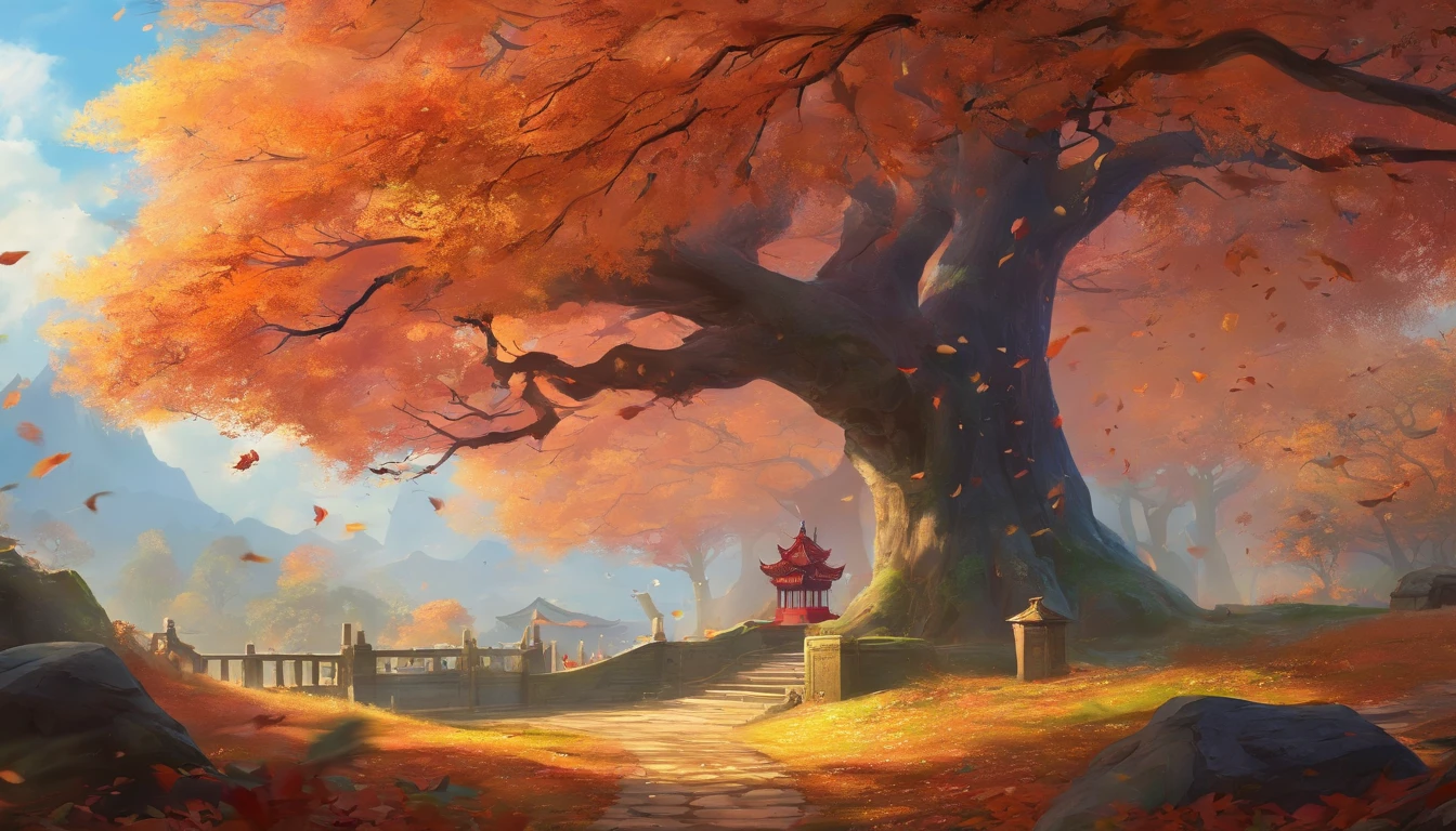 china style,Ultra-wide angle of view,Beautiful view of autumn,school ground,Wagas,Cloud,Colored leaves,Fallen leaves all over the ground,OC rendering,high quarity,8K,super-fine,Hyper-realistic,Ultra photo realsisim,35mm Camera Lens,ultra - detailed