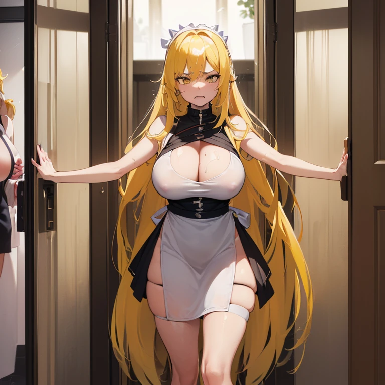 ((adult woman, with very long yellow hair, huge breasts, at the door of the room with her pussy wet with cum on the floor, in an apron, facing the specifier, completely naked))),(((with her daughter in your front of folding arms, with a face of anger))),