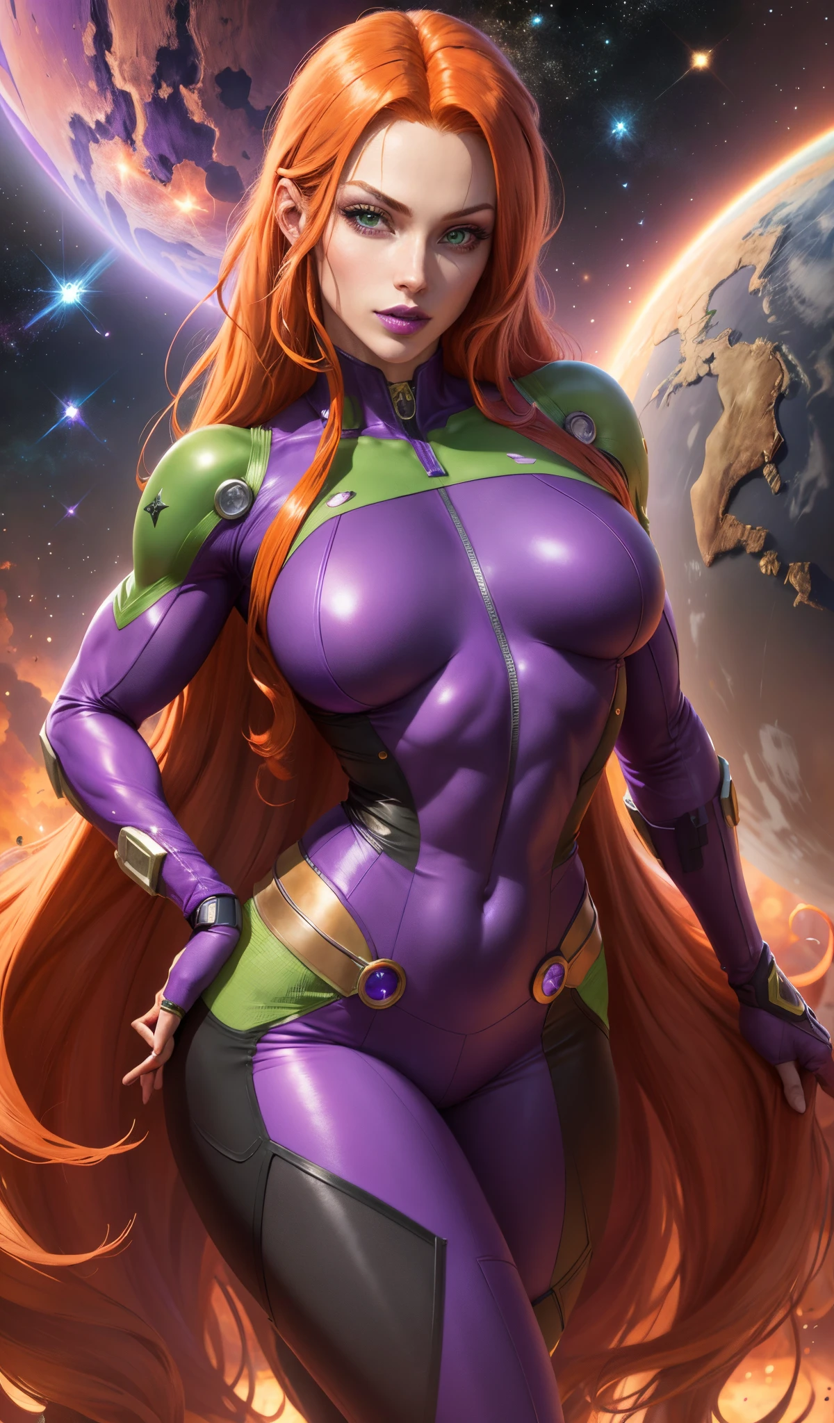 (Masterpiece, 4k resolution, ultra-realistic, very detailed), Super heroine, long orange hair, purple leather suit, green eyes, muscular body, full purple lips, purple lipstick, large breasts, starfire, in space