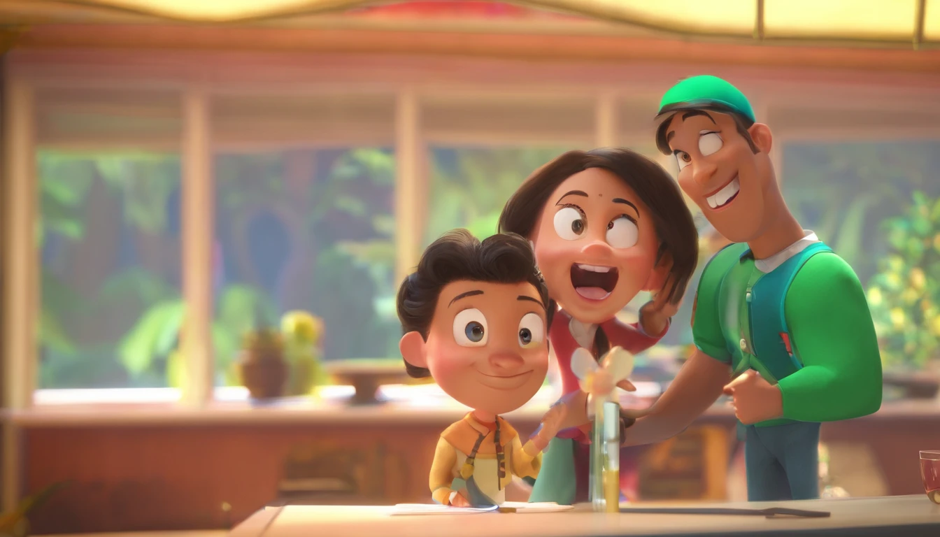 Illustration of a cute couple, Destacando um homem e uma mulher com beleza, Expressive Eyes - Men with light brown hair, green-eyed , And the woman’s hair is black. they are a bright space, Todos com um sorriso no rosto, Special moments, That's marked by love, Trip, and pedagogical insights. Depict the scene through a partial perspective, where their backs are to the camera, Display your connection. Develop this art in full HD, Focus on your cinematic touch, Disney Pixar animation style