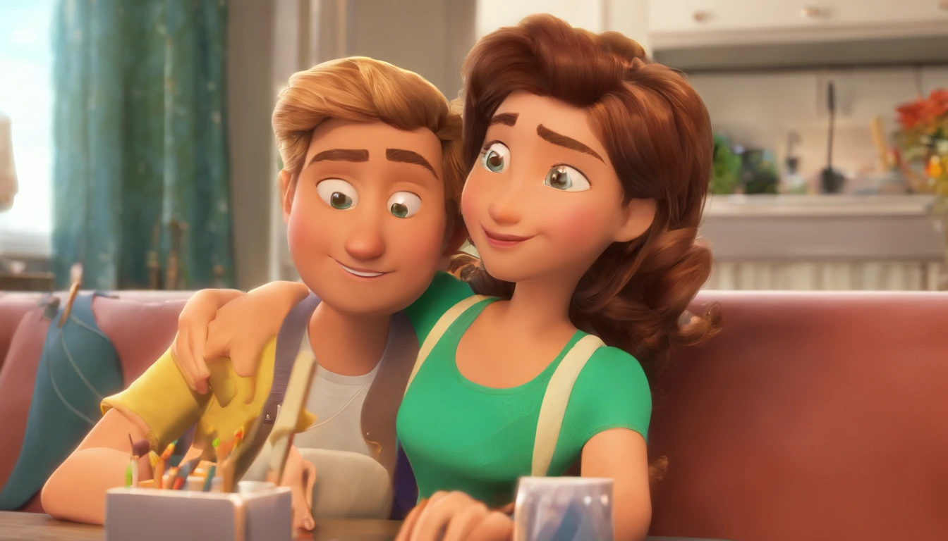 Illustration of a cute couple, Destacando um homem e uma mulher com beleza, Expressive Eyes - Men with light brown hair, green-eyed , And the woman’s hair is black. they are a bright space, Todos com um sorriso no rosto, Special moments, That's marked by love, Trip, and pedagogical insights. Depict the scene through a partial perspective, where their backs are to the camera, Display your connection. Develop this art in full HD, Focus on your cinematic touch, Disney Pixar animation style