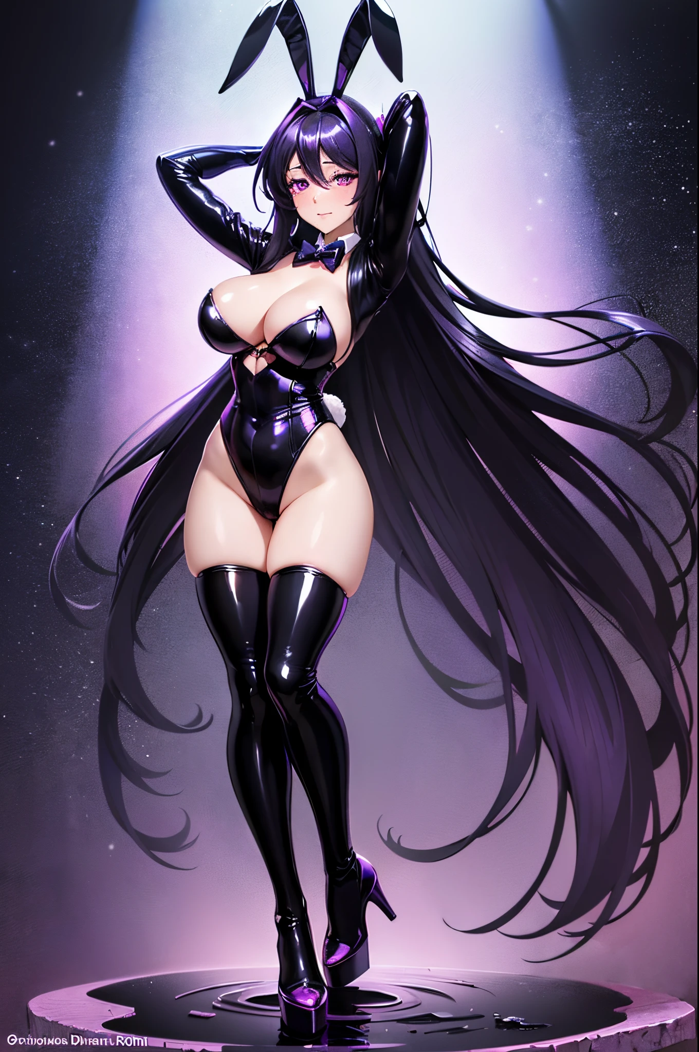 masterpiece, best quality, 1girl, looking at viewer, cute,(bunny girl, Black color bunny_costume:1.2), leather,bow tie,(lilac hair:1.2), (seascape), large breasts, pink eyes, himejima akeno, black hair, long hair, beautiful detailed eyes, beautiful detailed glow, lots of glow, arms behind head, embarrassed, ((full body:1.2))