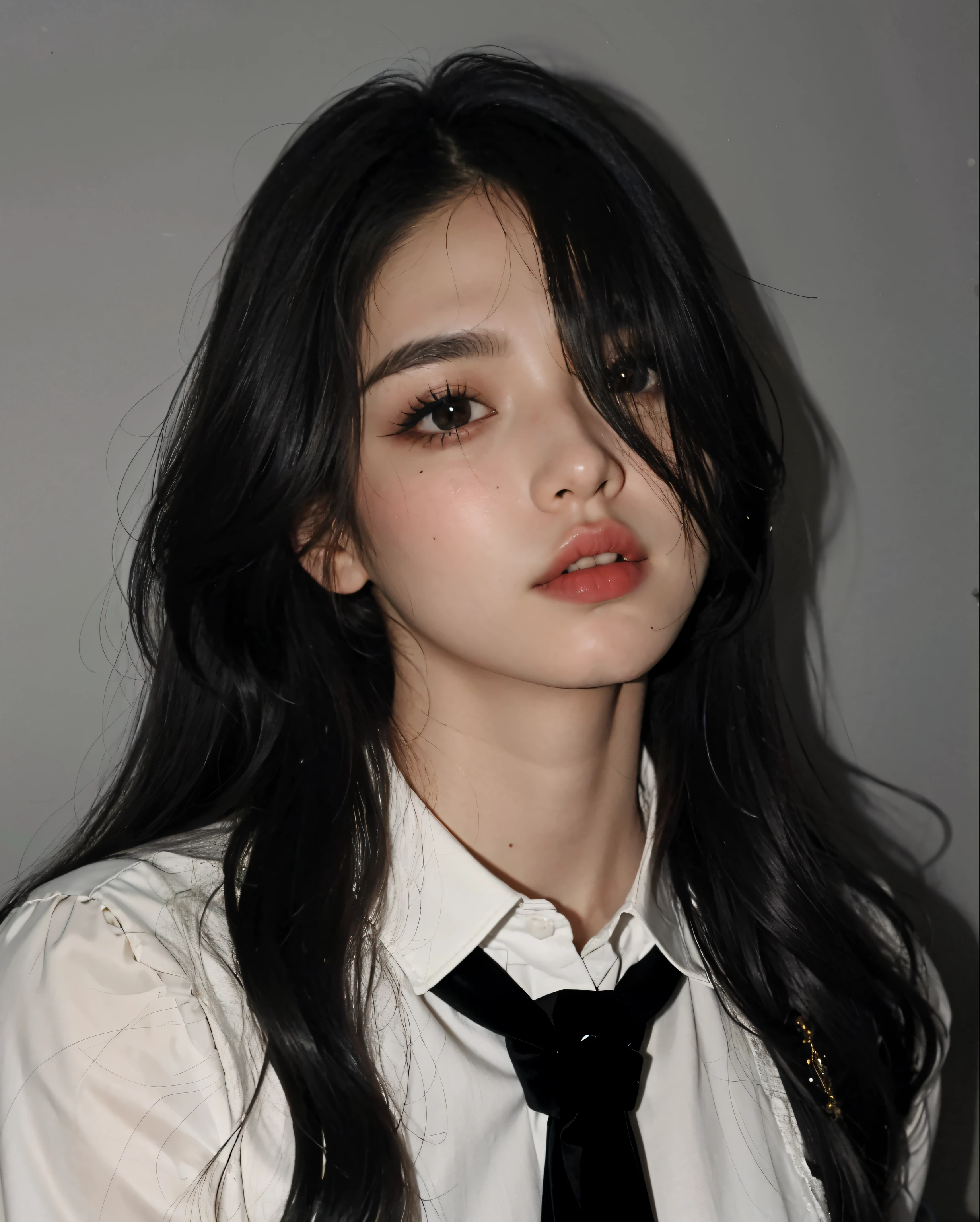 black hair, white woman, red eyes, white clothes