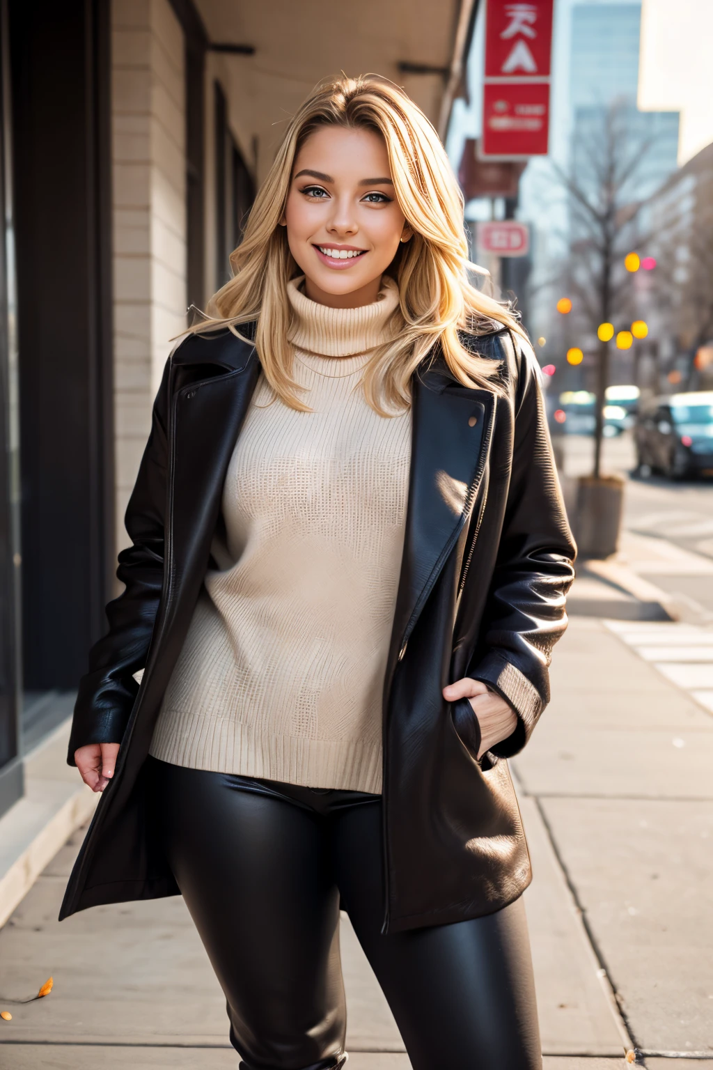 photo of beautiful (4l3x1sf4wx:0.99), with beautiful blonde hair, smiling, <lora:edgAutumnDressCode:0.8> wearing edgADC, (((wearing an oversized tan long wool coat))), a black skirt, red turtle neck, (((black pantyhose))), thigh high boots, walking on a tree lined sidewalk of a town on a chilly day lots of people in the background, seductive dynamic pose, makeup, eye-liner, lip gloss, dark eye shadow, jewelry,hoop earrings, bracelet, perfect feet, dark lighting, dimly lit, back lit,