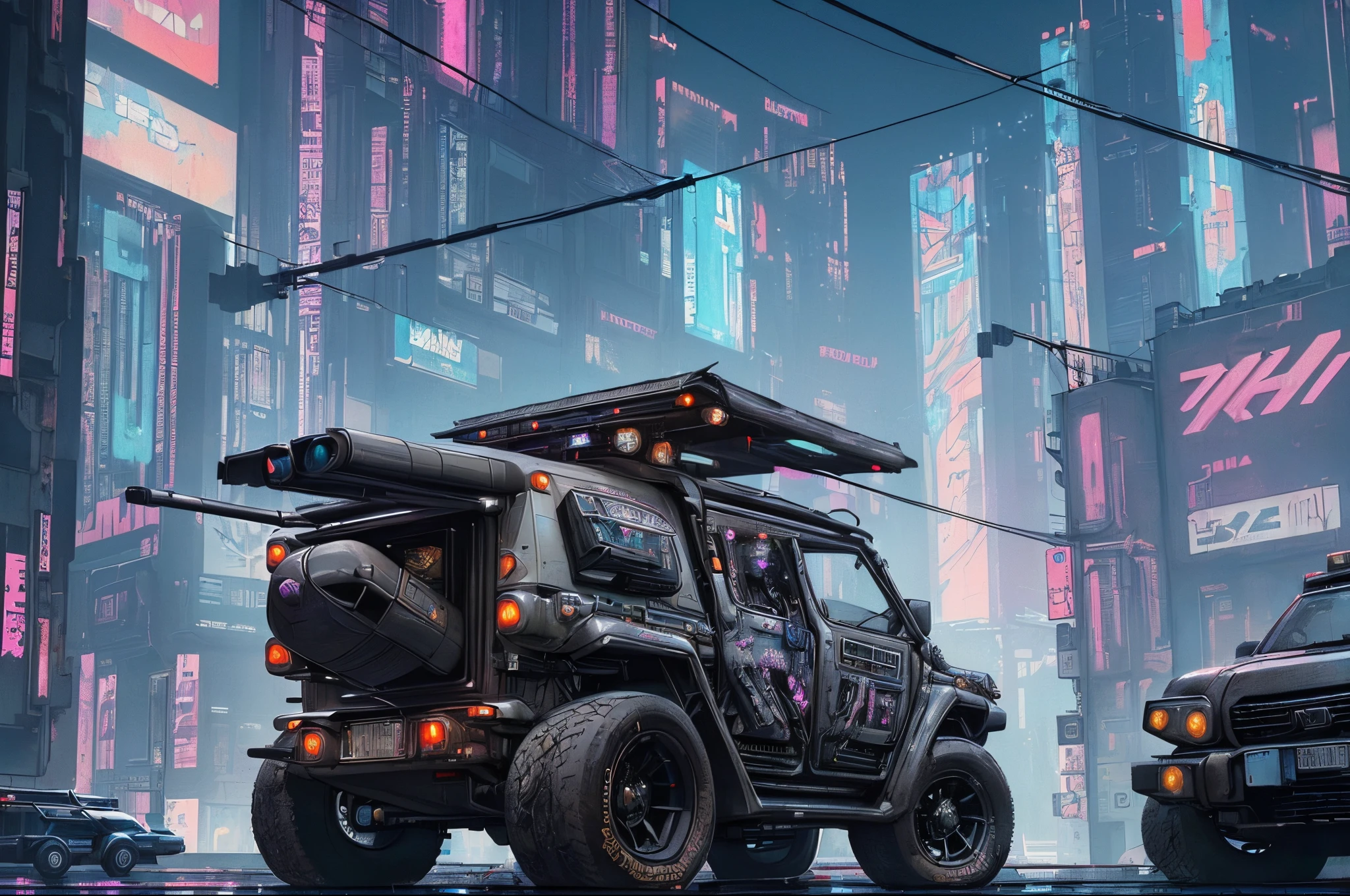 (late at night raining:1.3), (detailed beautiful skin textures, detailed beautiful face, ultra detailed clothing textures), , (Cyberpunk:1.4), , (an ultra detailed (cyberpunk custumed:1.5) and 2-doors (very small utility vehicle:1.5) with (loads on roof racks:1.3) and (cargo on the back:1.3) and letter-tyres:1.3), , (3/4 front view, The car is in the right corner of the frame), (at a parking area, an ultra detailed Night City of Cyberpunk), (All cars are cyberpunk cars:1.2), , (softlighting) , (masterpiece, best quality:1.4, 8k, ultra detailed, illustration, distinct_image, intricate_details, delicate illustration), (realistic:0.15),