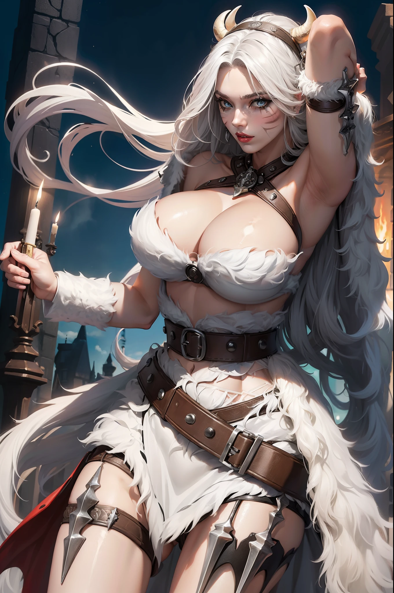 (tmasterpiece:1.4), (Best quality:1.2),Katarina, 1 busty girl, fur-trim, Strapless bra, Beard markings, White hair, cow boy shooting，black long dress，Tight-fitting dresses，black lace veil