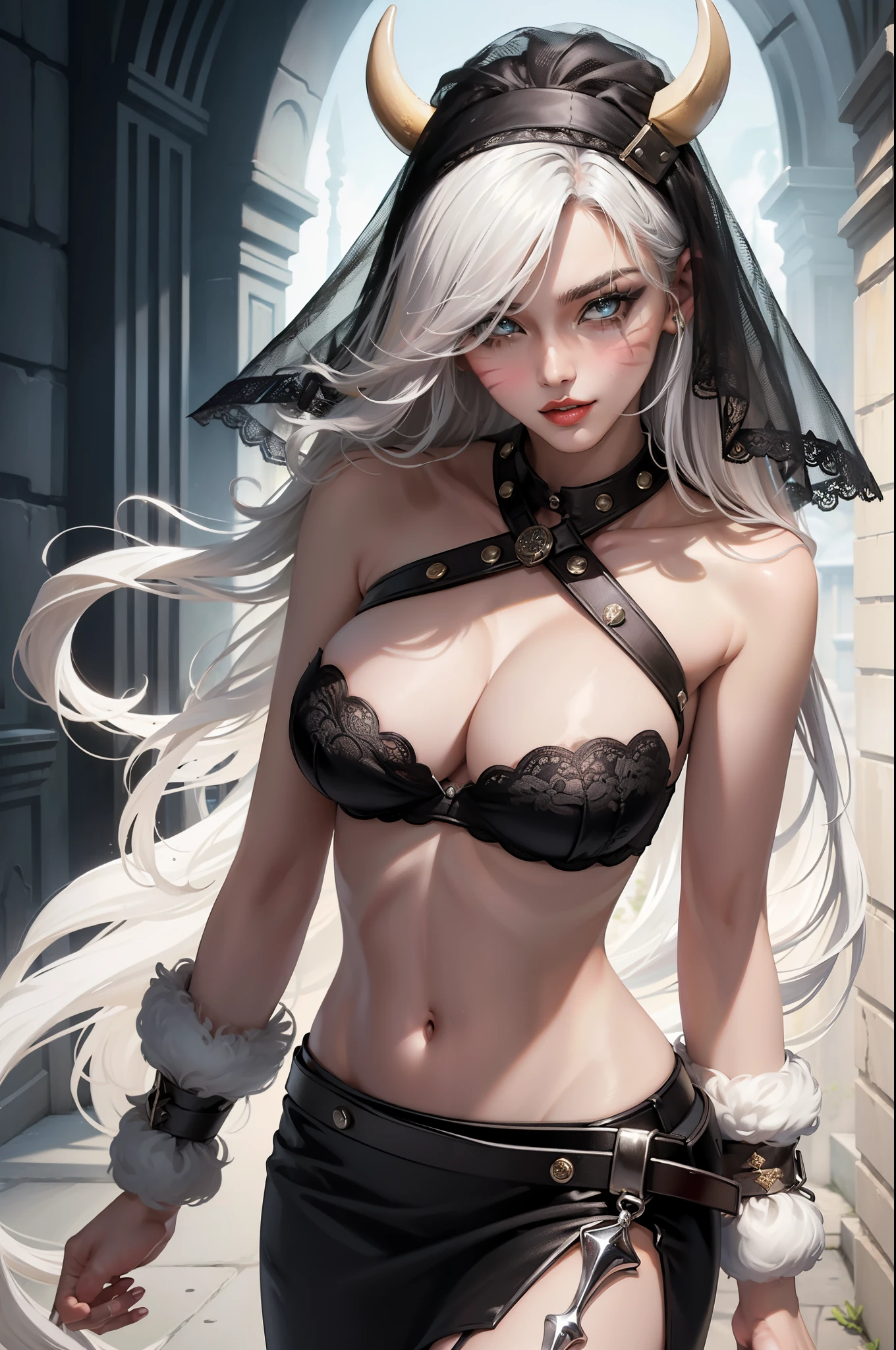 (tmasterpiece:1.4), (Best quality:1.2),Katarina, 1 busty girl, fur-trim, Strapless bra, Beard markings, White hair, cow boy shooting，black long dress，Tight-fitting dresses，black lace veil