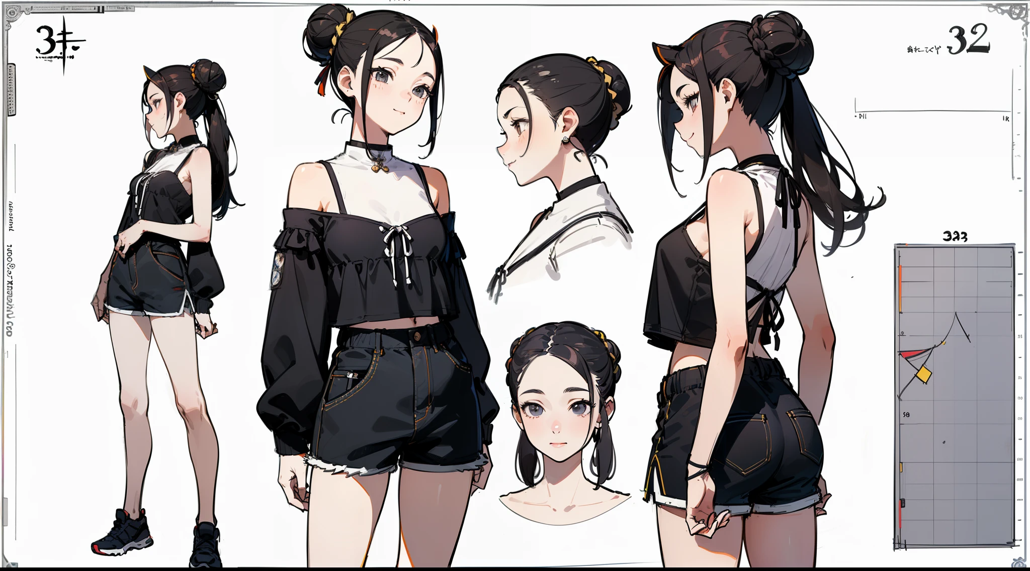 ((Best Quality)), ((Masterpiece)), ((Realistic)) 19 year old, black hair girl, armpit lenght hair, relaxed happy face ((slender)) (busty), (((shorts and top)) bun hairstyle, (((detailed character sheet, frontal view, side view, three quarter view))) white background, 6 and a half heads full body