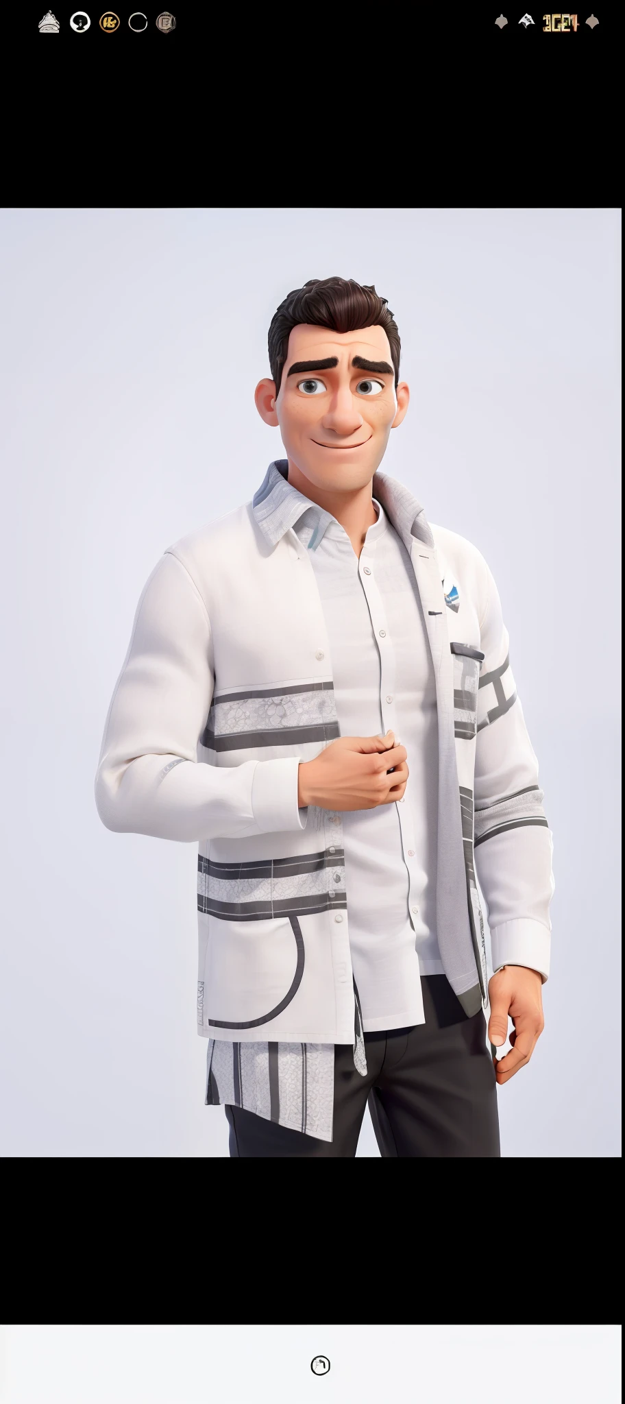 Obra-prima, de melhor qualidade, homem, Slim head, camisa social branca, manto branco com detalhes azuis, black pant, olho pequeno, boca aberta com aparelho