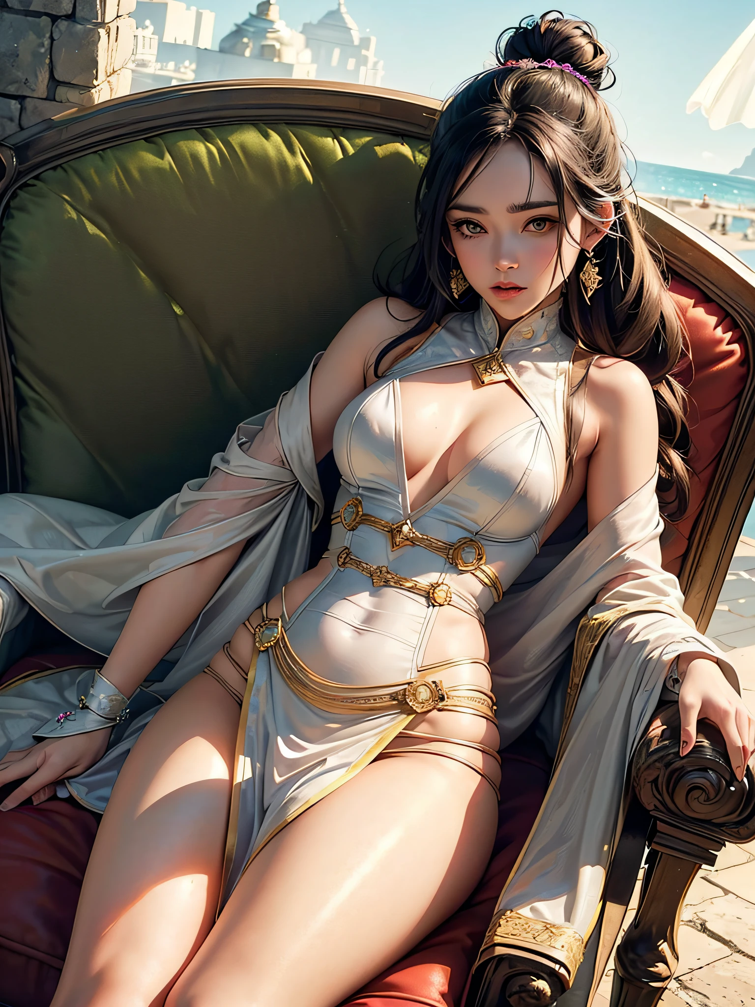 a doggystyle girl in an erotic armchair, piggyback, pert ass, raised chin, tied hair, bun hair, long sideburns, golden eyes, detailed iris, thick lips, small round breasts, thick legs, big ass, naughty face, {wallpaper of extremely detailed 16k CG unit}, expansive landscape photography, (a low view with focus on the character and setting), (wide open field view), (low angle shot), (high light: 1.5), (low light: 1.3), (warm light source: 1.5), complex details, (iridescent colors: 1.5), (bright lighting), (atmospheric lighting), dreamy, unique, erotic, solo1