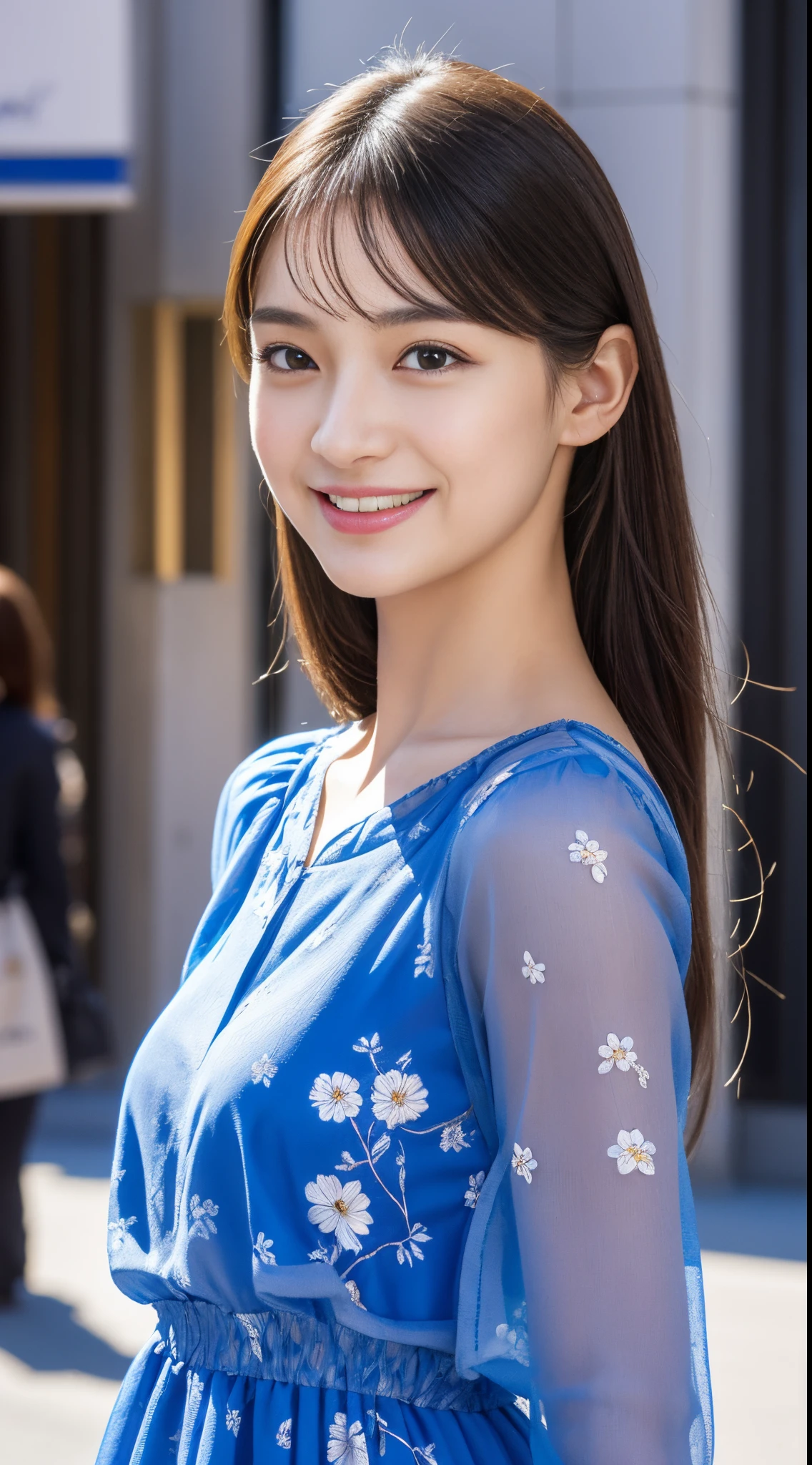Walk the streets of the city,One lady、 Bandeau Dress, Wearing long gorgeous clothes, She is wearing a cobalt blue floral long dress., shopping, In the city, highly detailed beautiful girl, Highly detailed face, Highly detailed eyes, highly detailedskin, extremely detailed fingers, highly detailed nose, very detailed detailed mouth、Smile a little