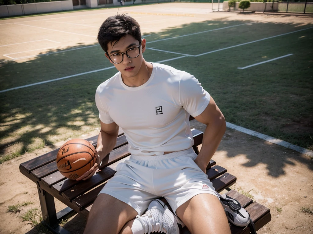 22 years old male，cinecamera，真实感，photography，whitestocking，sports student，Handsome，china boy，Outdoor basketball court，sitting on a bench，White short sweatpants，Gold wire rimmed glasses，Fashionab，youthfulenergy，muscle men，health charm，the fragrance of sunshine，Portrait Photogram，vogue photography，perfect  detail，Gorgeous light and shadow，Photographed from an elevation angle，2k