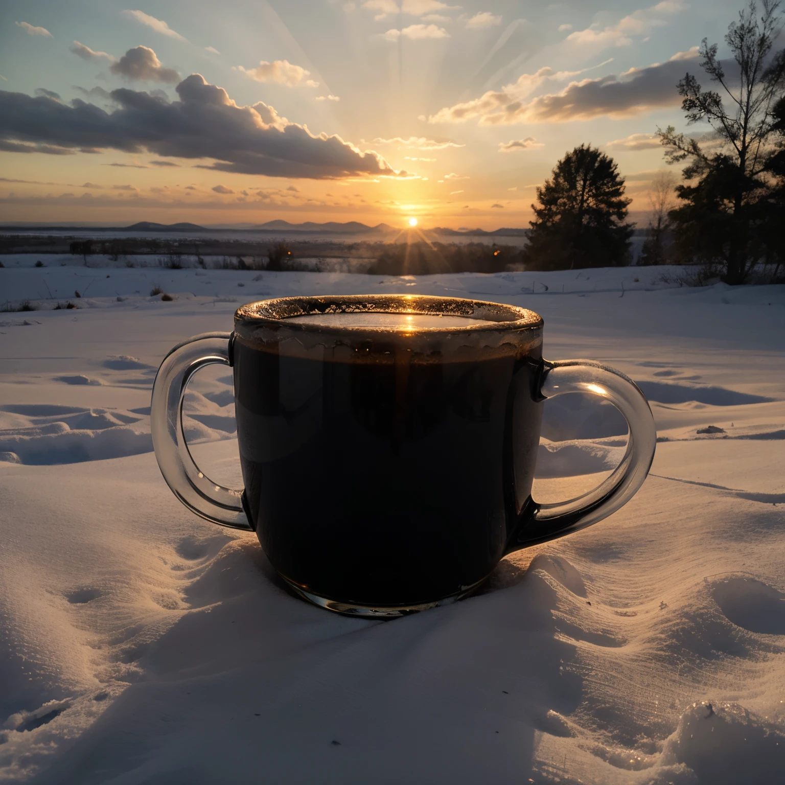 Hot Black Coffee, clear glass mug, Sunrise, rug, snowscape , steam, Cloudy morning