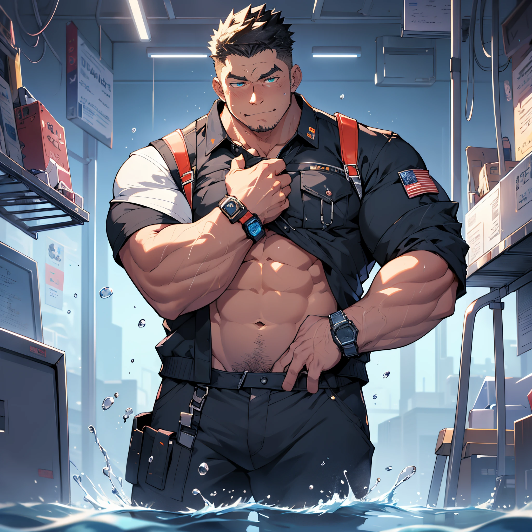 under water skyscraper neon lights effects, super high resolution, undercut, faux hawk, manly kawaii moe babyface, mechanic engineer jacket on shirtless muscular creamy body, meaty thigh, skyrocketing the crotch, magical sci-fi arms weapons, gripping water blade, floating water ball magically, trending on pixiv, kawaii moe anime