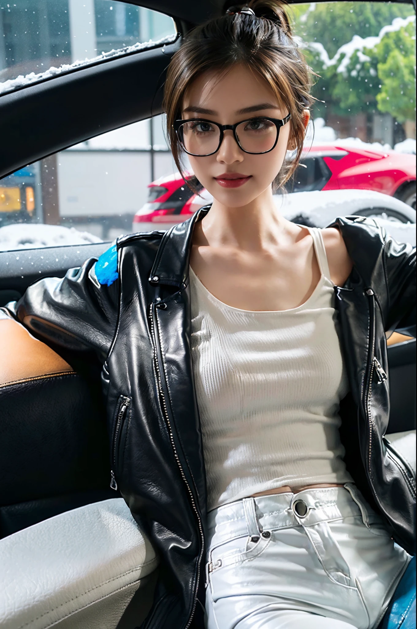 ((shoulder length straight bob hair)),((very short ponytail)),(Extremely meticulous CG),(((8k))),(wallpaper),(Extremely refined and beautiful),(((Masterpiece))),(((best qualtiy))),(((Ultra High Resolution)))，beautiful light up，Perfect lightning，realistic shaded，[A high resolution],(Smooth and flawless fair skin:1.5),Extremely exquisite facial details,(perfect body：1.1），ultra - detailed，A beautiful girl,small head,glasses,small face,(Small breasts:1.1)，Flat chests，slim，thin，Smile，cheerfulness,(black leather jacket:1.4),(underneath the jacket is white tank top),(white pants:1.3),((outside of the car is snowscape)),Morning,(In a private car:1.3),A female driver,sitting,(Looking at the front window:1.3),(Honda Steering wheel:1.3),Detailed interior layout,intently driving car,from front,upper body