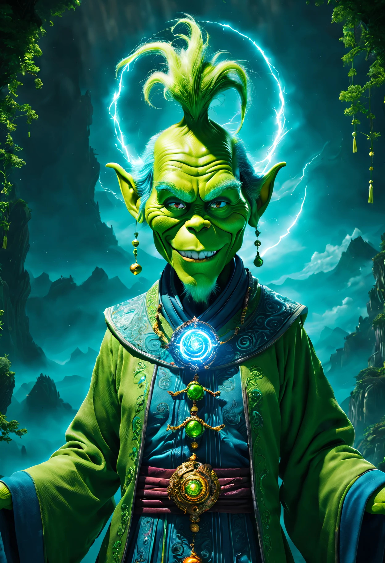 Grinch in green robe，(The Grinch:1.5,Grinning),Holding the green vortex of light and darkness，detailedfacialfeatures，Ethereal imagery，mechanical design，Cybernetic sci-fi style，skelleton，Cryengine style，A technological marvel，Ghost Core，Strong emotional impact，focus on joints/connections，They thrive in obscurity，Heavy metal embroidery，In the style of a technical shaman，Ethereal atmosphere，Dark gray and blue，Canon EOS 5D Mark IV，New mosaic，sci-fy，skelleton，The style of Unreal Engine 5，Chinese tradition，plum，Capture lighting effects，North and South Dynasties，detailedfacialfeatures，Animated GIFs，The Magician 3 Jaxi McGaw，The style of Unreal Engine 5，Influenced by ancient Chinese art、Spiritual figures、animated energy、light blue and white、real time transmission、Mastering the influence of Tenebrianism，Raw energy，Surreal water，swirles