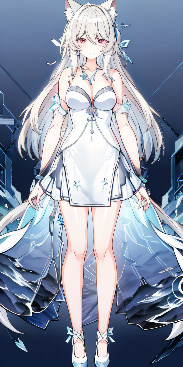 One in a white dress、Anime character of woman with cat ears, Cute anime waifu wearing nice clothes, White dress!! silber hair, azur lane style, Translucent liquid comes from《Azure route》videogame,  in dress, 《Azure route》人物, from girls, clear outfit design, Anime full body illustration, white-haired god, Official character art