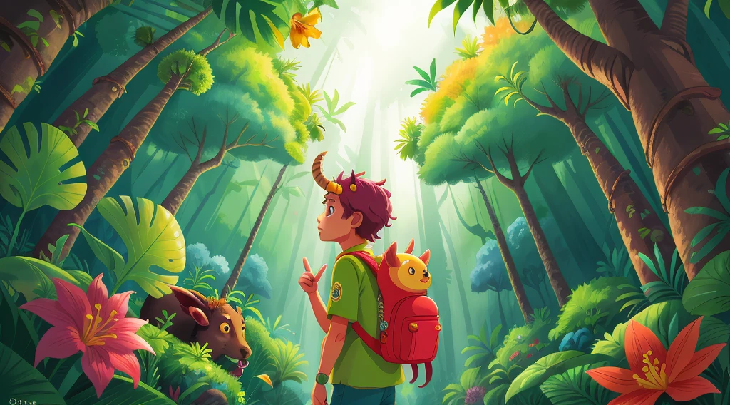 A vast tropical forest with tall trees, colorful flowers, and curious animals watching from a distance, A disco with long horns is on his back with a backpack