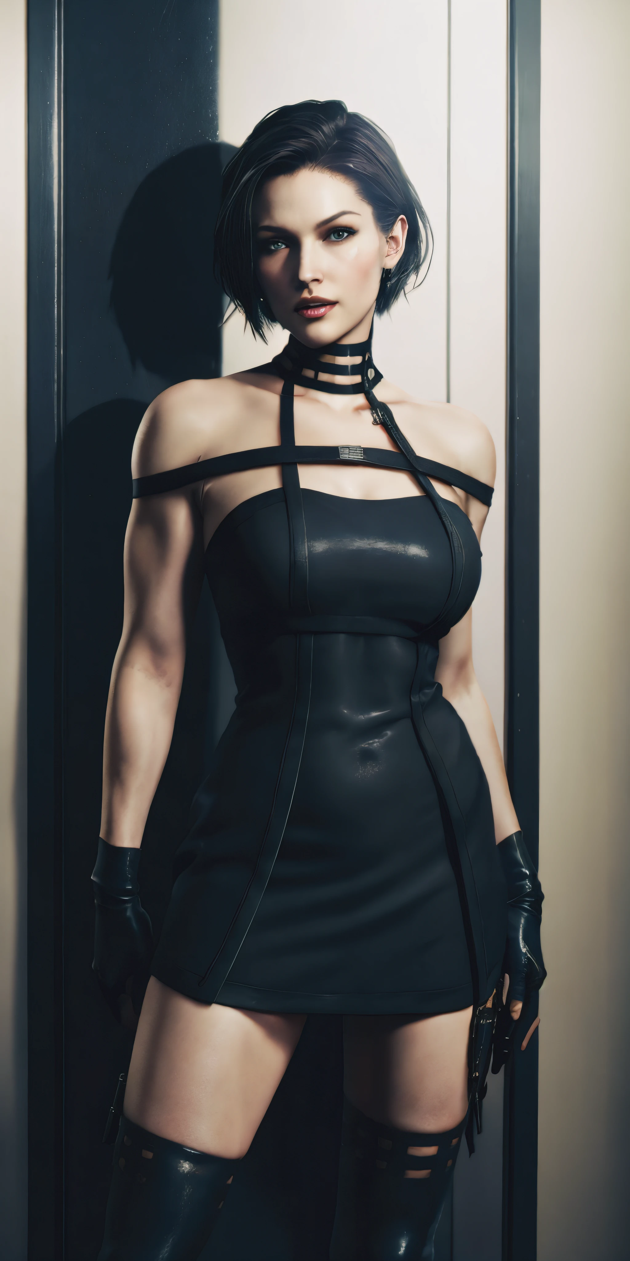 jill valentine, beautiful woman, sexy woman, perfect breast, ((half body)), (looking at viewer:1.1), night street, by Conor Harrington, black dress, black thighhighs, black gloves