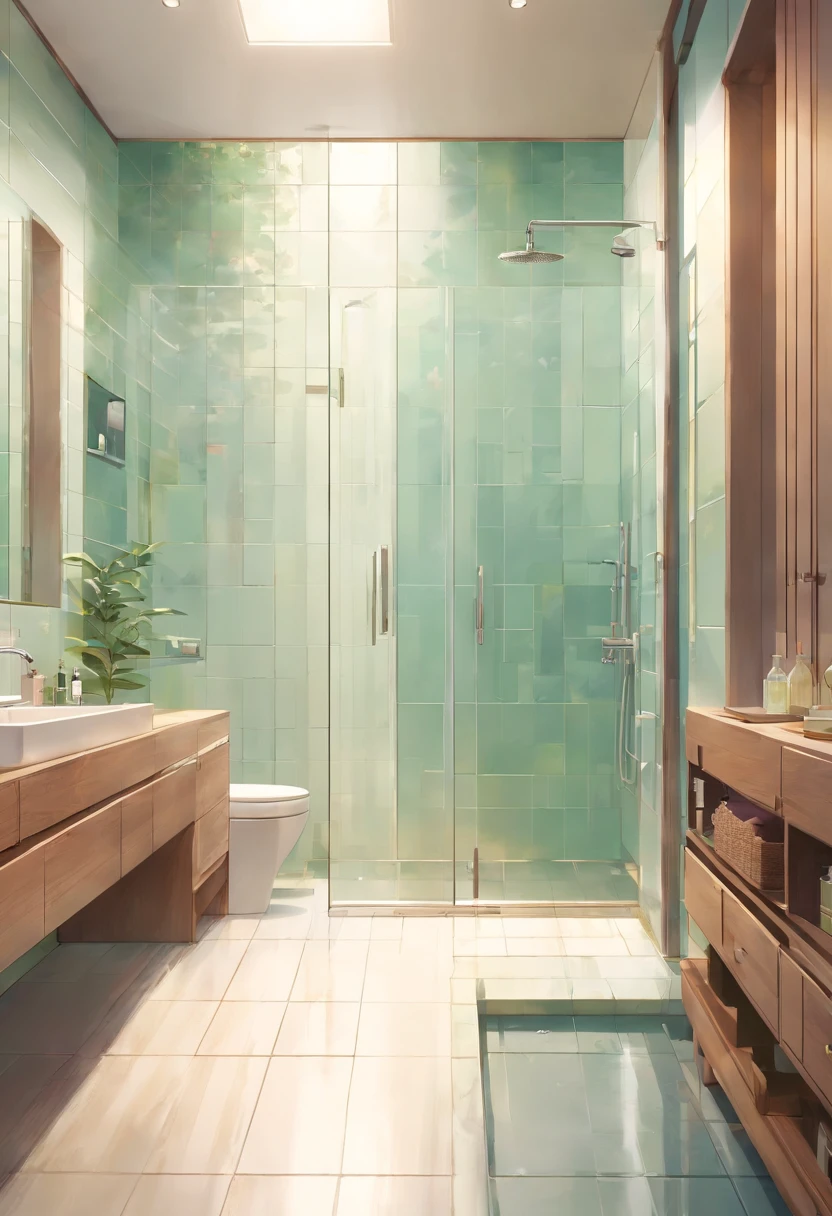 浴室，Shower，Maximalism, Prompts can be generated as follows: "(Best quality,4K,8K,A high resolution,Masterpiece:1.2),Ultra-detailed,(Realistic,Photorealistic,photo-realistic:1.37，The strokes are delicate，Sharply defined),浴室，Shower，white tiles，Clean walls，Modern home，Maximalism,A neat and orderly space,Bright and clean environment,warm and inviting atmosphere,contemporary design,Functional furniture,Minimal distractions,Calm and peaceful atmosphere,Soft color palette,Neutral tones,Simple and elegant style,Smooth lines and shapes,Intentional and purposeful arrangement，peacful,Visual harmony,Meticulous attention to detail,Inspiring and motivating environment,Peace of mind,Quiet and peaceful environment,A harmonious balance of function and aesthetics,Superior workmanship and quality,Clear and uncluttered space,Great for intellectual pursuits,There are no distracting or unnecessary elements,Clean and refreshing appearance,Compositions that are cohesive and visually appealing,The harmony of the subject with its surroundings,serene and inviting atmosphere." Be aware of： 1. Don't include any explanatory content，2. tags and commas","Separate 3. Tags are ranked from highest to lowest importance 4. The tag does not contain quotation marks"" 5.There are no characters