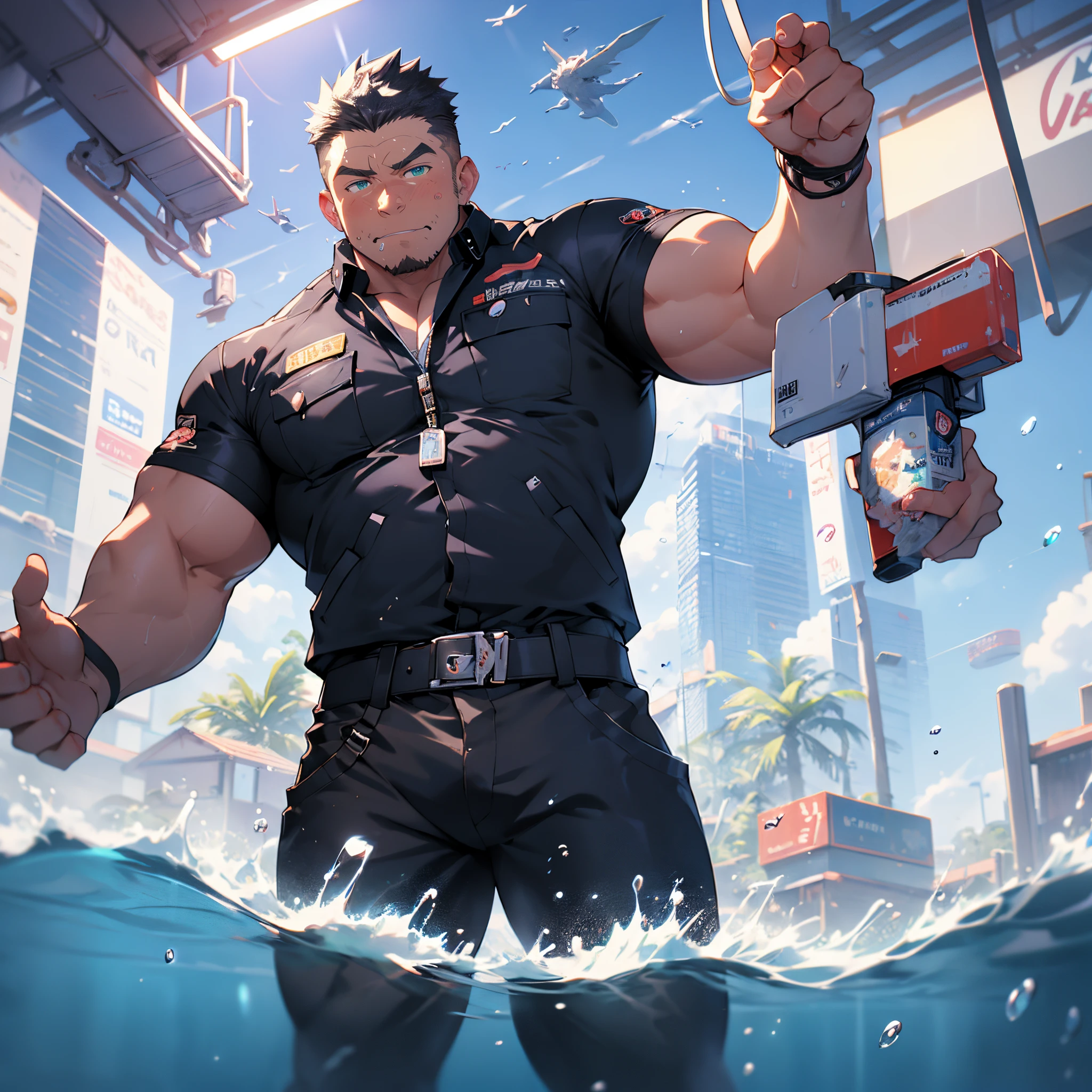 under water skyscraper neon lights effects, super high resolution, undercut, faux hawk, manly kawaii moe face, mechanic engineer jacket on shirtless muscular creamy body, meaty thigh, skyrocketing the crotch, magical sci-fi arms weapons, gripping water blade, floating water ball magically, trending on pixiv, kawaii moe anime