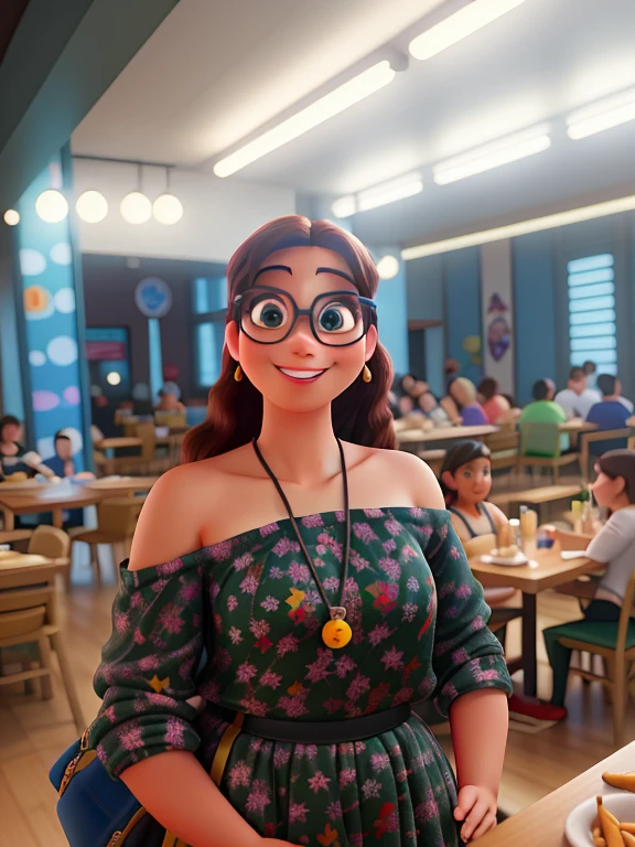 Poster no estilo Disney pixar, alta qualidade, melhor qualidade, mulher sexy branca, 30 anos cabelo castanho, sorridente, wearing goggles, com fundo em um restaurante, luz brilhante, fundo desfoque gaussiano.