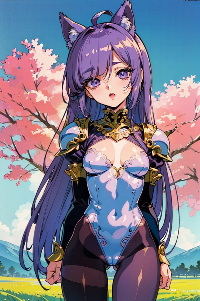 "(masterpiece:1.1), best quality, NSFW,
1girl, (80s anime style:1.3), (eyelashes:1.5), (:1.2),
(intricate high detailed body:1.2),
indigo hair, (hair over one eye:1.1), (long hair, straight hair:1.1), (animal ears:1.2),
purple eyes, (lip stick:1.3),
(small breasts:1.1),
(expressionless:1.2), open mouth,
(lace leotard armor, cleavage cutout:1.2), (pantyhose:1.2),
(knight armor, armored boots:1.2), (ahoge:1.2), necklace,
standing, arms behind back,
(upper body, cowboy shot, looking at viewer, from front:1.1),
(daytime, grassland, outdoors:1.2)"