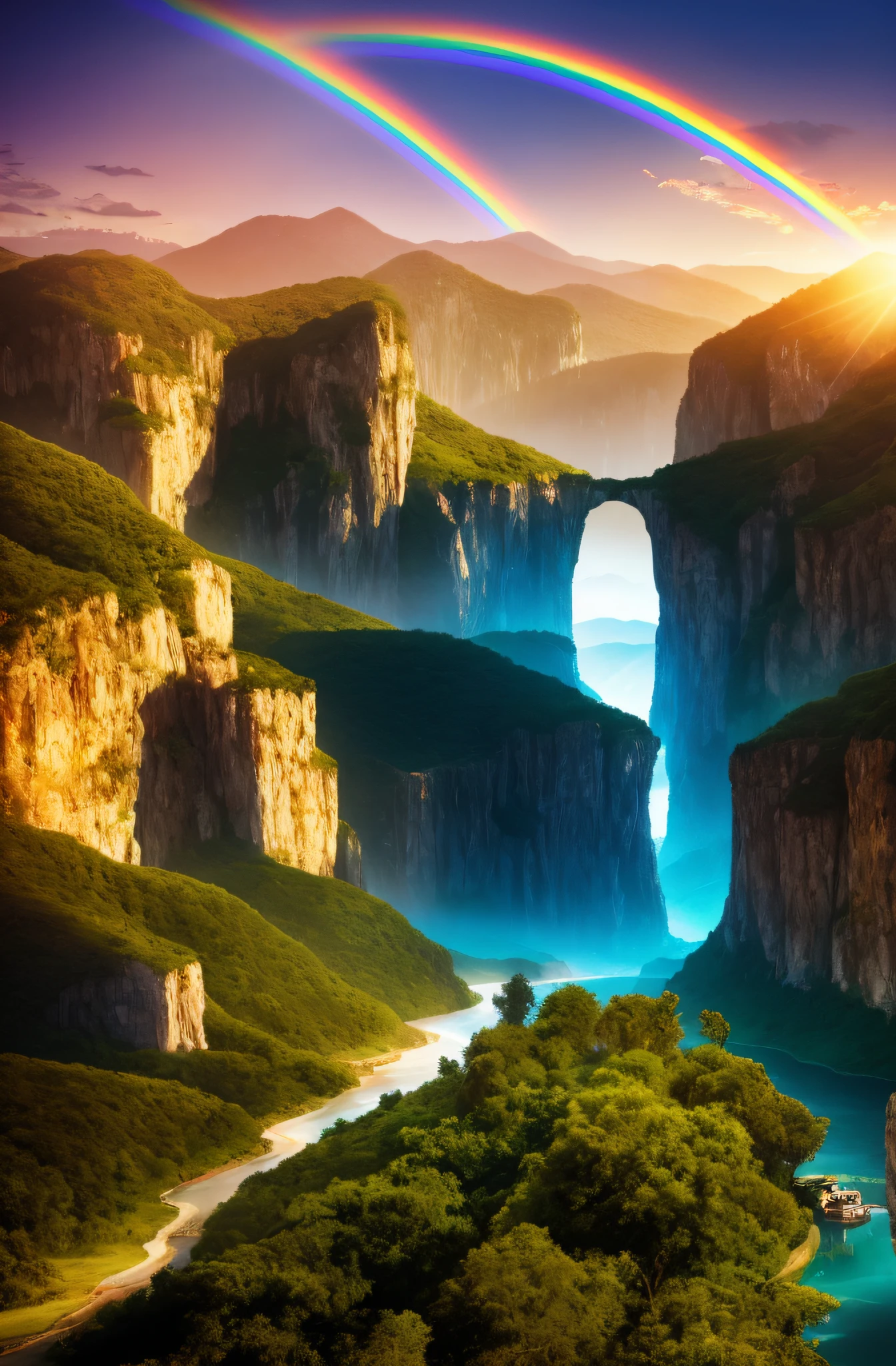 a view of a river flowing through a lush green valley, beautifully lit landscape, sunset in a valley, Gorgeous lighting of the river, stunning nature in background, sunrise light, Sunset light, Sunrise Lighting, incredible light, Beautiful sunrise lighting, stunning landscape, golden hour lighing, Golden light, by Mirko Rački, light reflections, magical sparkling lake, A majestic light towers over there Spaceship type futuristic architecture Rainbow-colored light reflecting off a huge silver rocket-shaped building